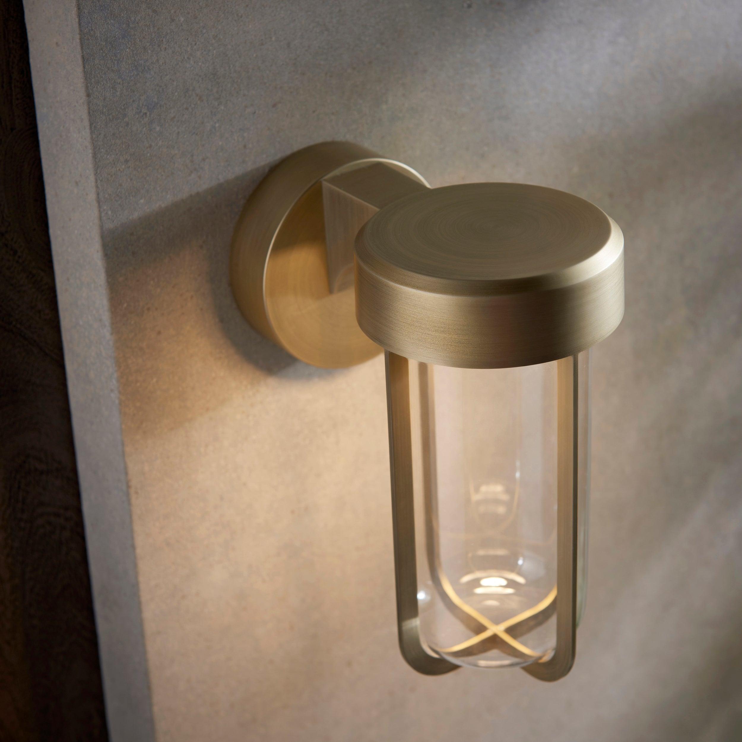 Newquay Gold LED Outdoor Wall Light - Glass Shade Bedroom Image