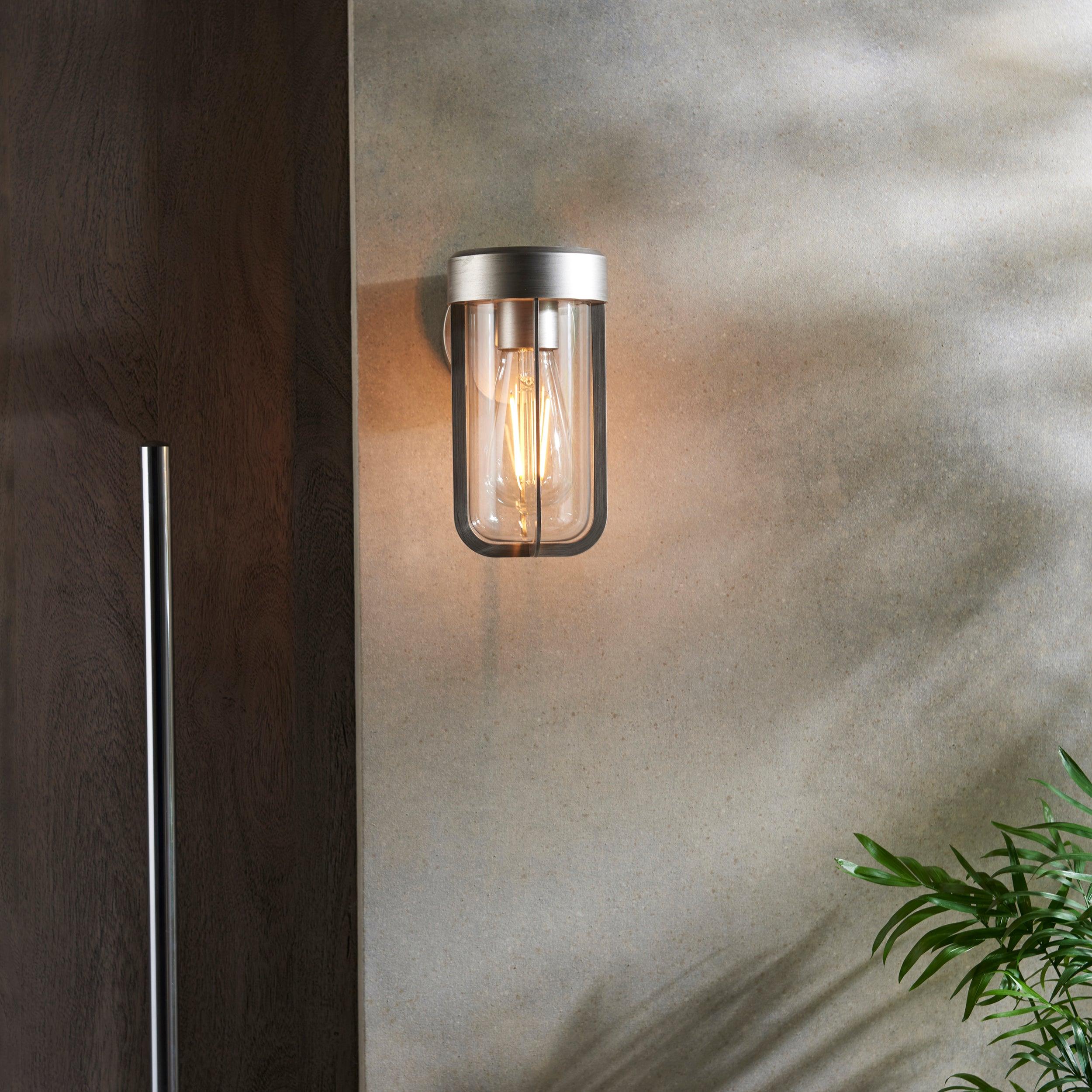 Newquay Brushed Silver Outdoor Wall Light - Glass Shade