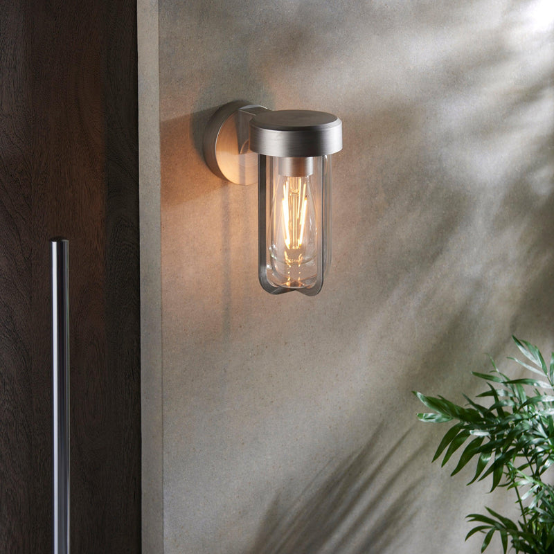 Newquay Brushed Silver Outdoor Wall Light - Glass Shade