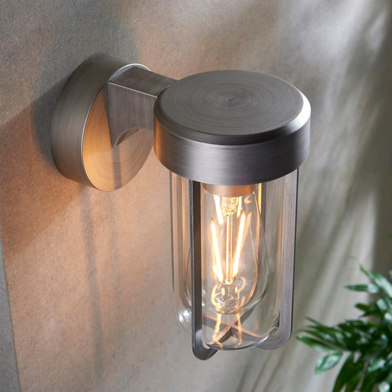 Newquay Brushed Silver Outdoor Wall Light - Glass Shade