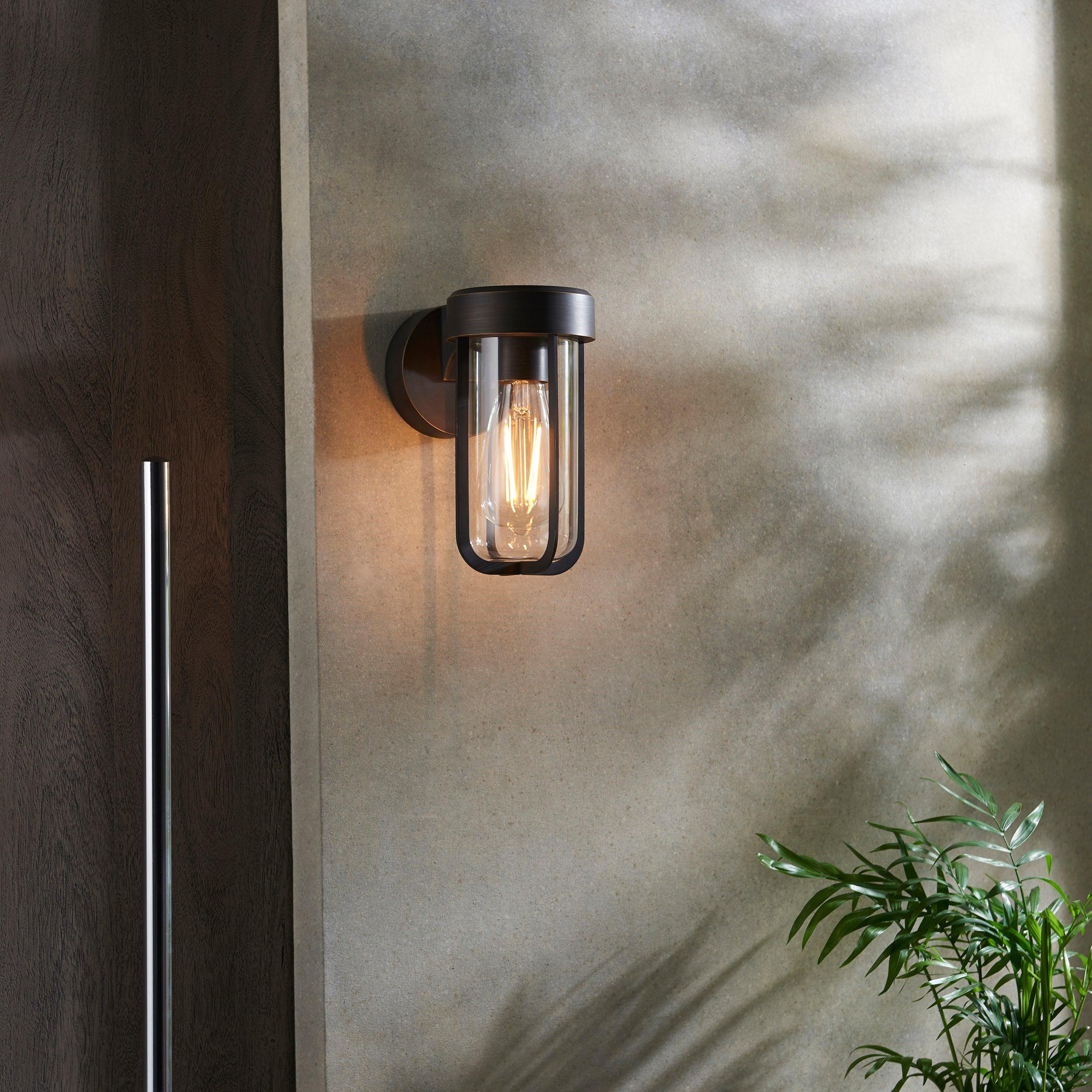 Newquay Bronze Outdoor Wall Light - Clear Glass Shade  Living Room Close Up