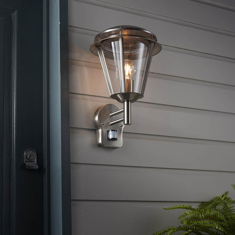 Iken Brushed Stainless Steel Outdoor Wall Light With PIR